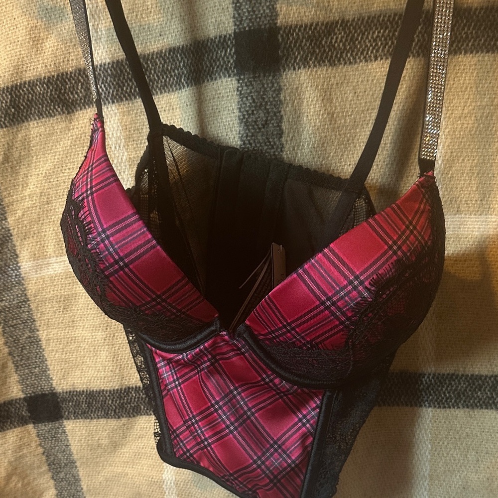 La SENZA Pink and Black Plaid Lace Bustier